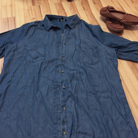 blue jeans button up waist tie dress or tunic - Picture 2 of 5